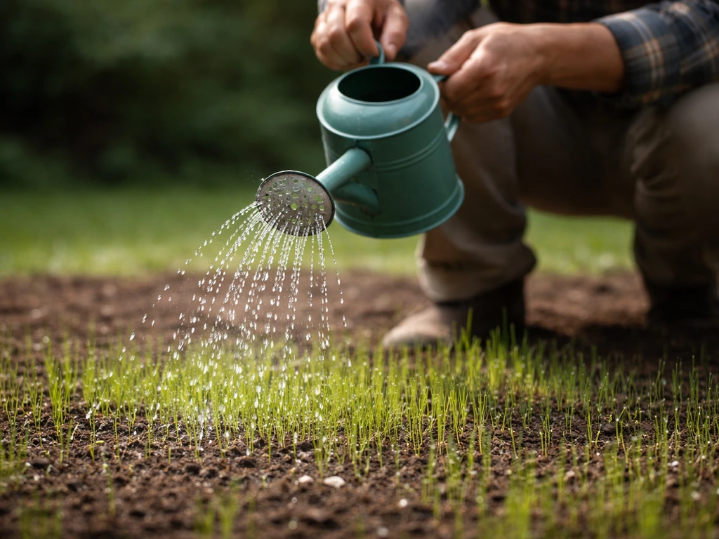 Tuinierhanden die licht en gelijkmatig water geven op pas ingezaaid gras met jonge grassprieten.