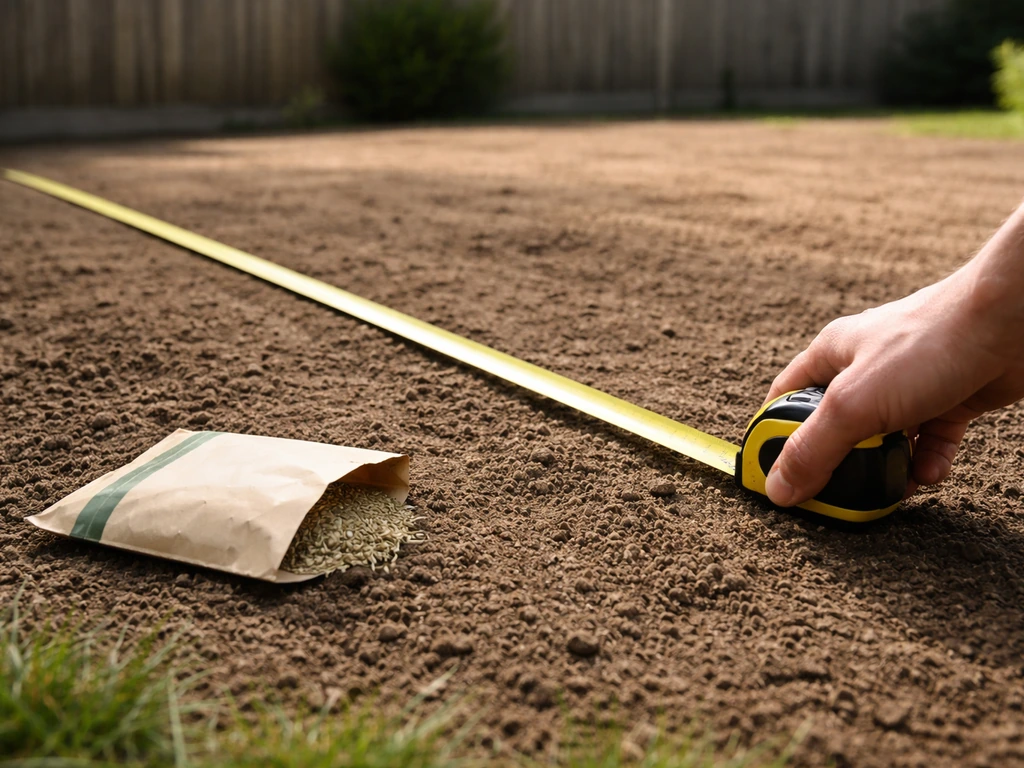 Meetlint en zaaizakje op een voorbereide tuinbodem, klaar voor het berekenen van de zaadhoeveelheid