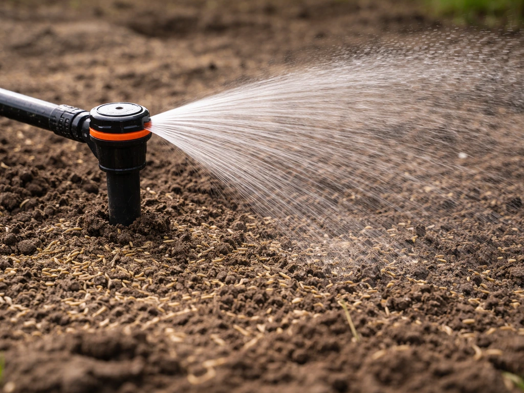 Tuinieren: sproeier/beregeningskop geeft een fijne waterstraal direct na het zaaien van graszaad
