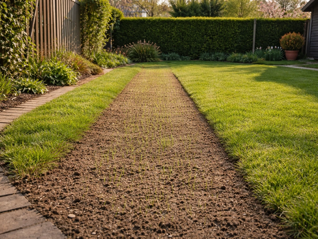 Zonnige NL-tuin met een pas ingezaaide strook gras, lichtjes vochtig grondoppervlak, voorjaar/herfstgevoel
