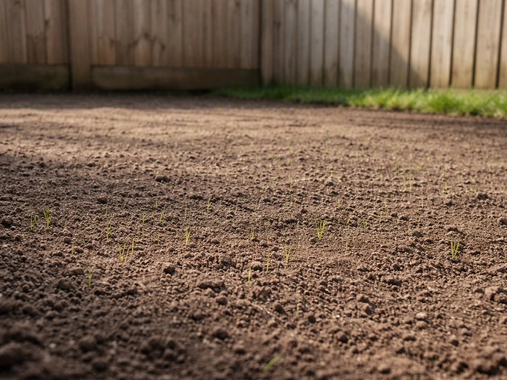 Zonnige tuin in het voorjaar met verse grond en beginnende graskieming, klaar om graszaad te zaaien