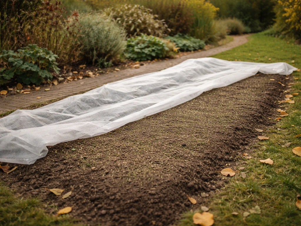 Herfstachtige tuin met een voorbereide strook graszaad en licht afdekmateriaal in september/oktober.
