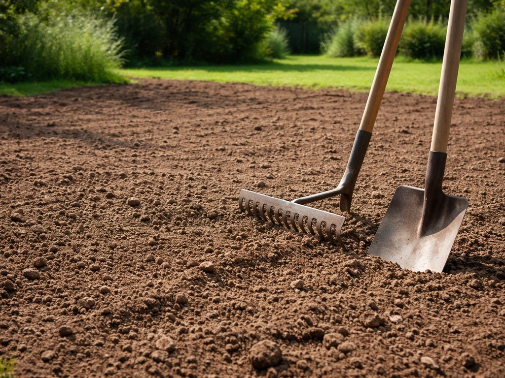 Tuinbodem op een zonnige plek, oud gras weg en toplaag losgemaakt met hark en schep.