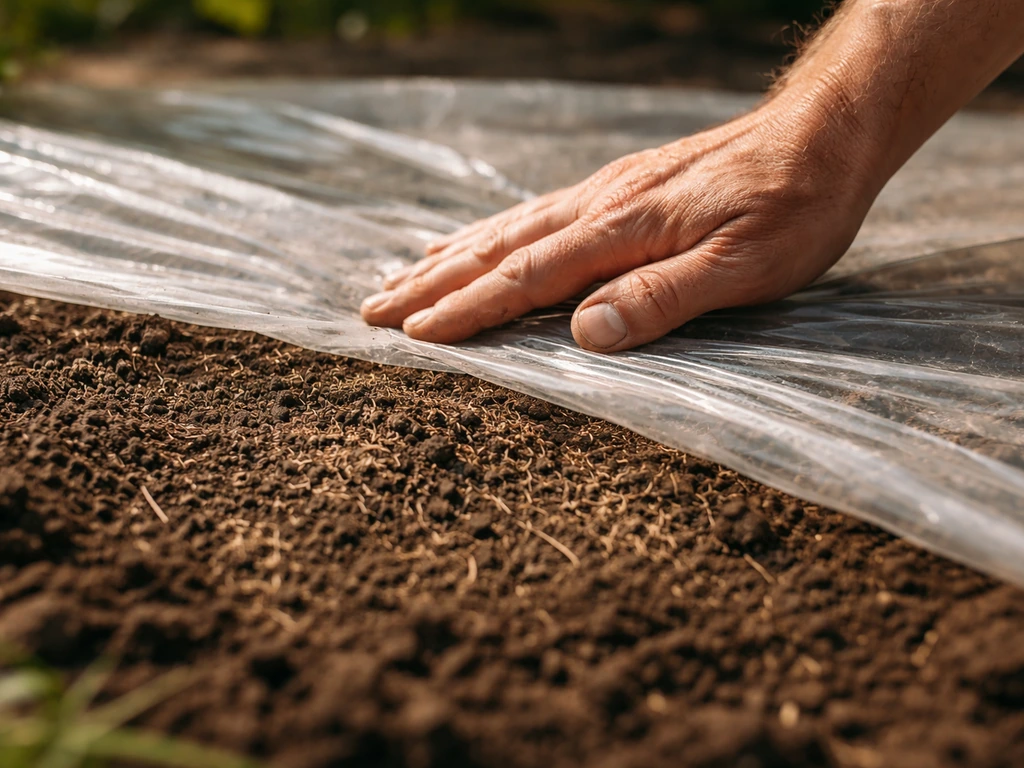 Nabijheid van handen die ingezaaid graszaad afdekken op een zonnige tuinbodem, met licht plastic erover.