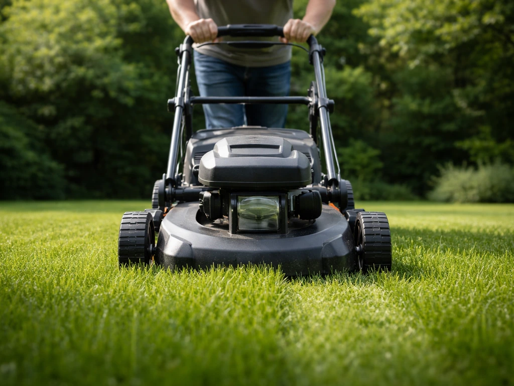 Hand duwt een grasmaaier langs dicht opkomend gazon met gras op juiste hoogte