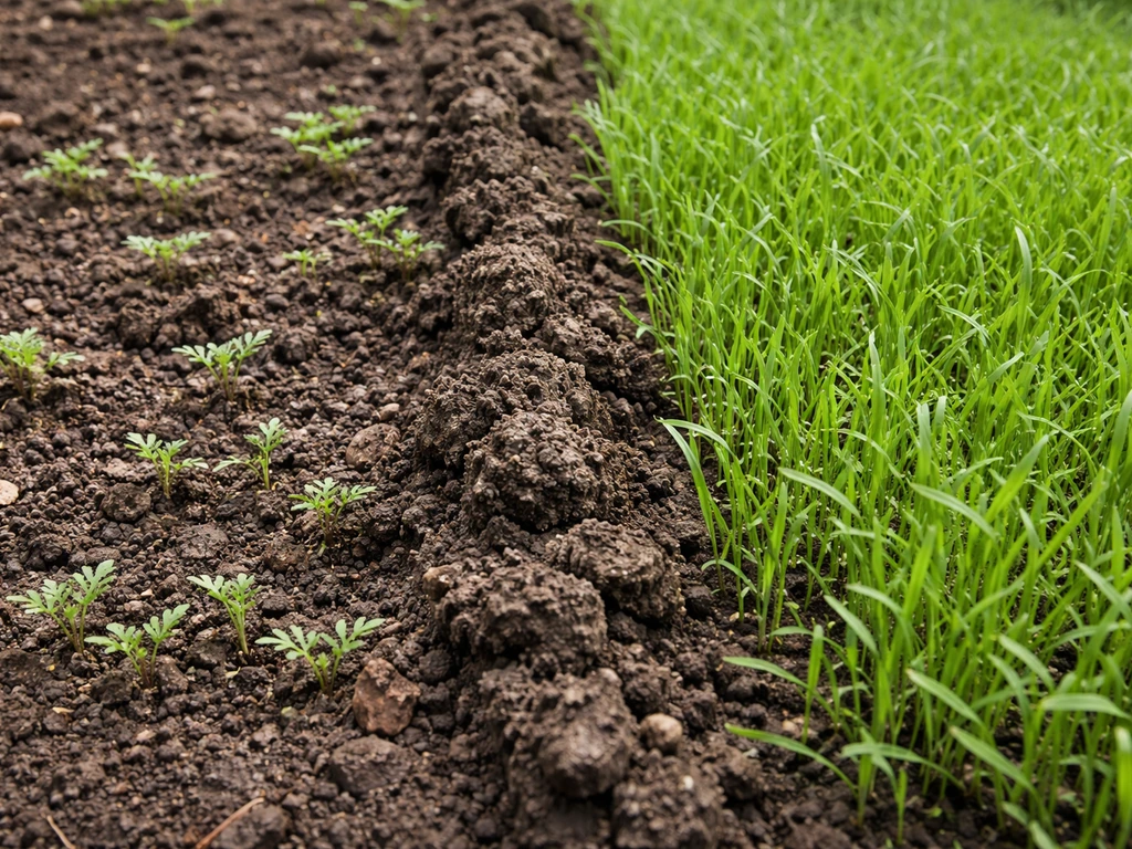 Omgewoelde grond met kiemend onkruid naast snel opkomend, dicht gras.