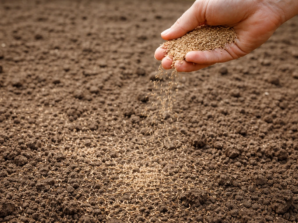 Close-up van graszaad dat gelijkmatig wordt gestrooid op een voorbereid zaaibed, vanuit een hand boven de grond.