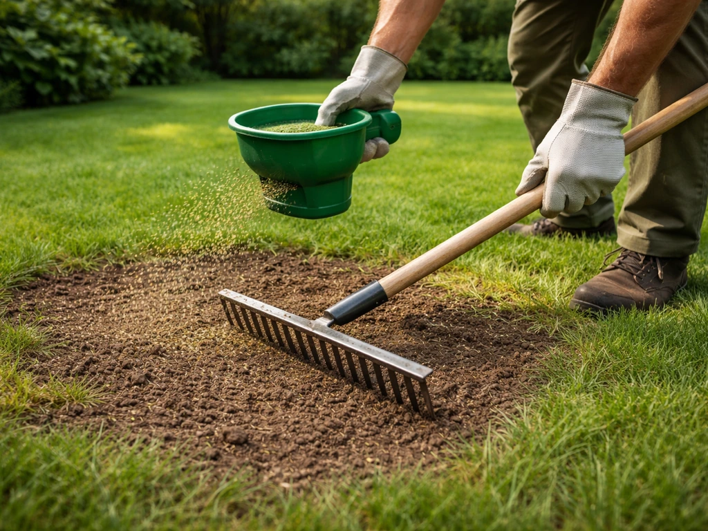 Tuinier die met een handzaaimachine en hark kale plekken en een deel van een gazon bijzaait, eenvoudig en realistisch