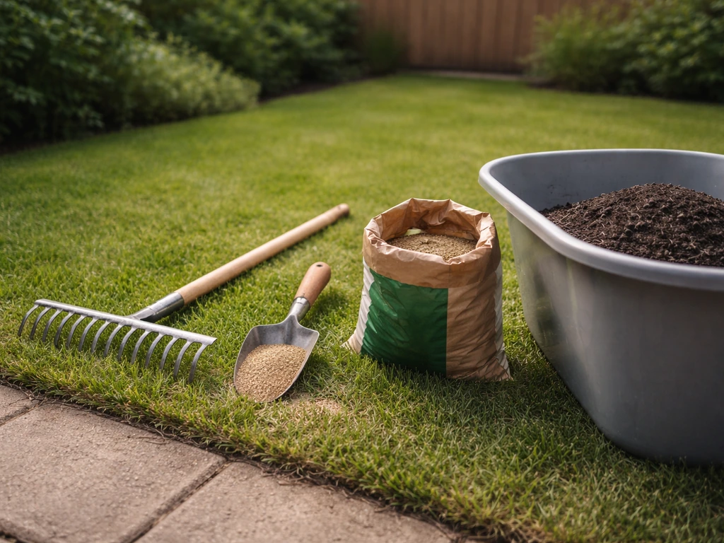 Gazon-zaad en tuinmaterialen (hark en zaaischep) klaar voor bijzaaien in een Nederlandse tuin.