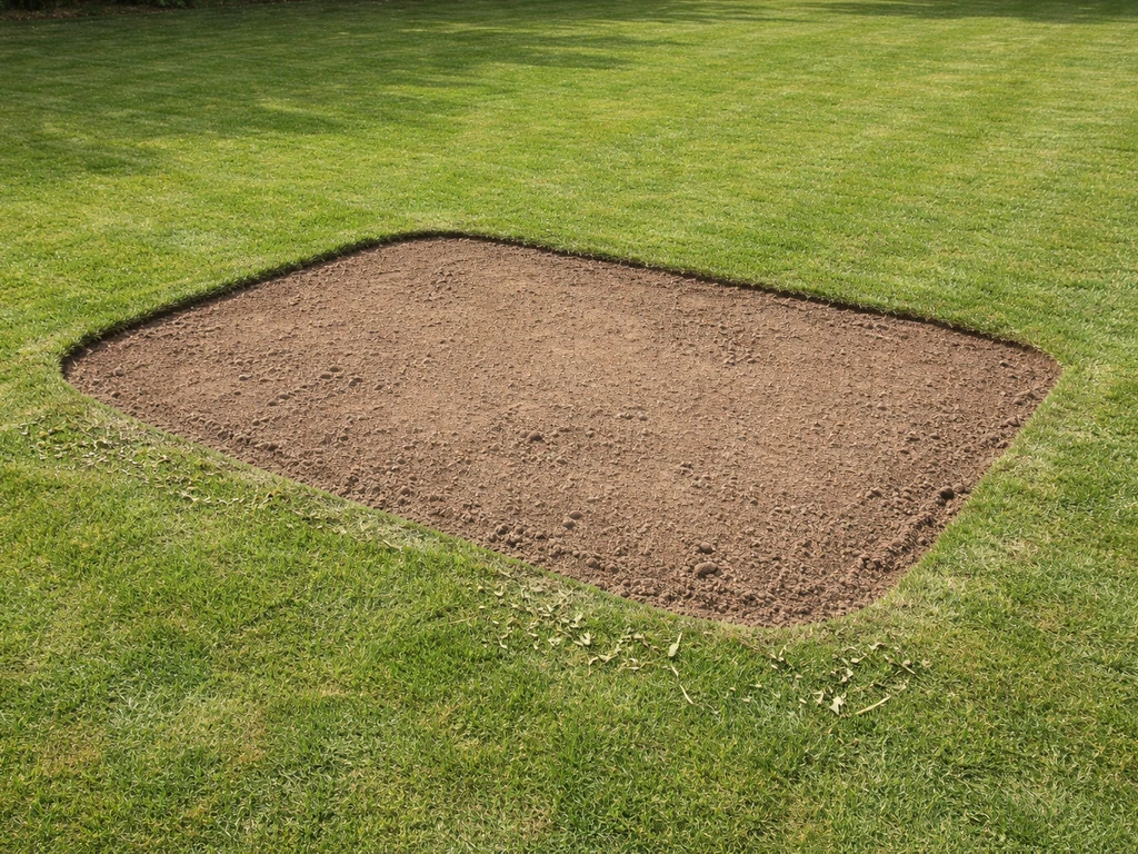 Kort gemaaid gazon met duidelijke maairand rondom een kale plek, klaar om nieuw gras in te zaaien.