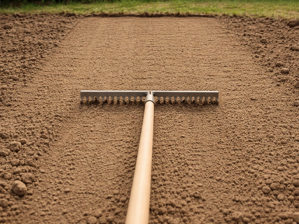 Hand met hark trekt losse grond vlak op een kale plek, zand/grondlaag oogt netjes en egaal