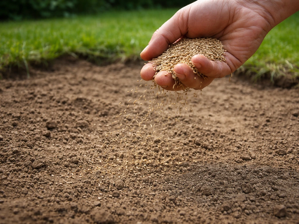 Close-up van een hand die graszaad handmatig uitstrooit op een kale plek in de tuin, bij daglicht.