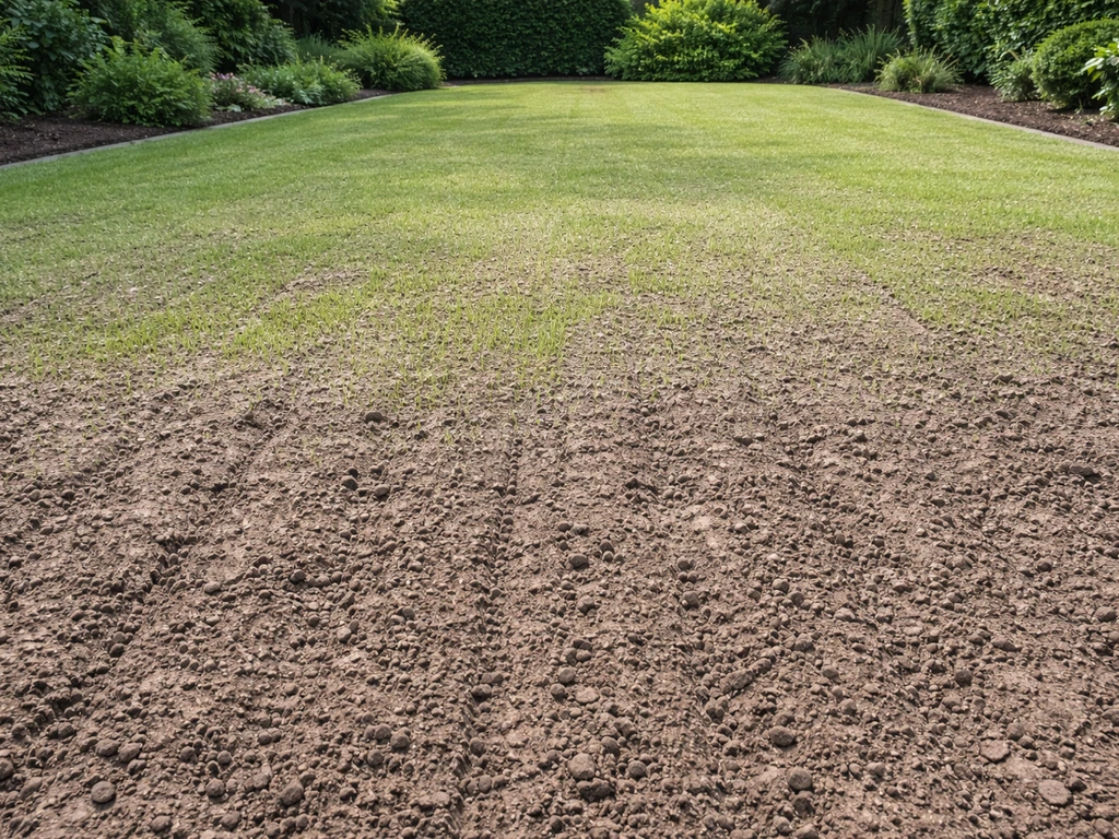 Vers ingezaaid grasveld met gelijkmatige kiemvlekken en voorbereide bodem op de voorgrond.