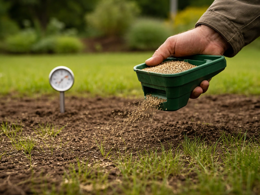 Close-up van grassenzaad dat wordt uitgestrooid op een grasveld met een bodemthermometer in de aarde.