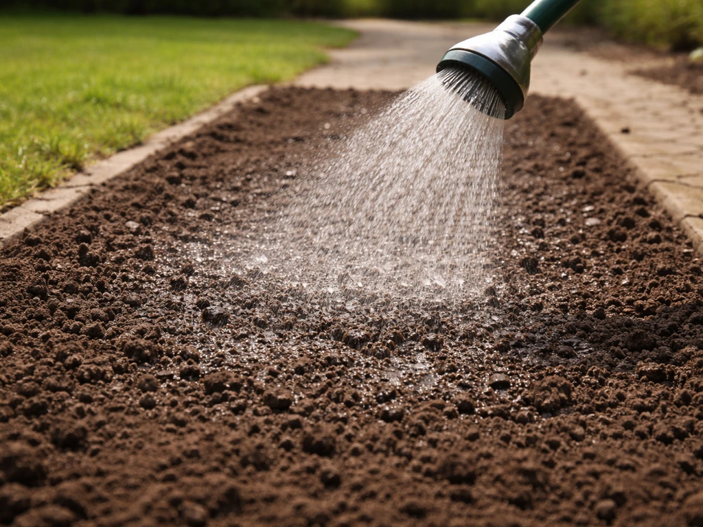 Fijne sproeier die licht vocht op egaliserde grond brengt tijdens de kiemfase in de tuin.