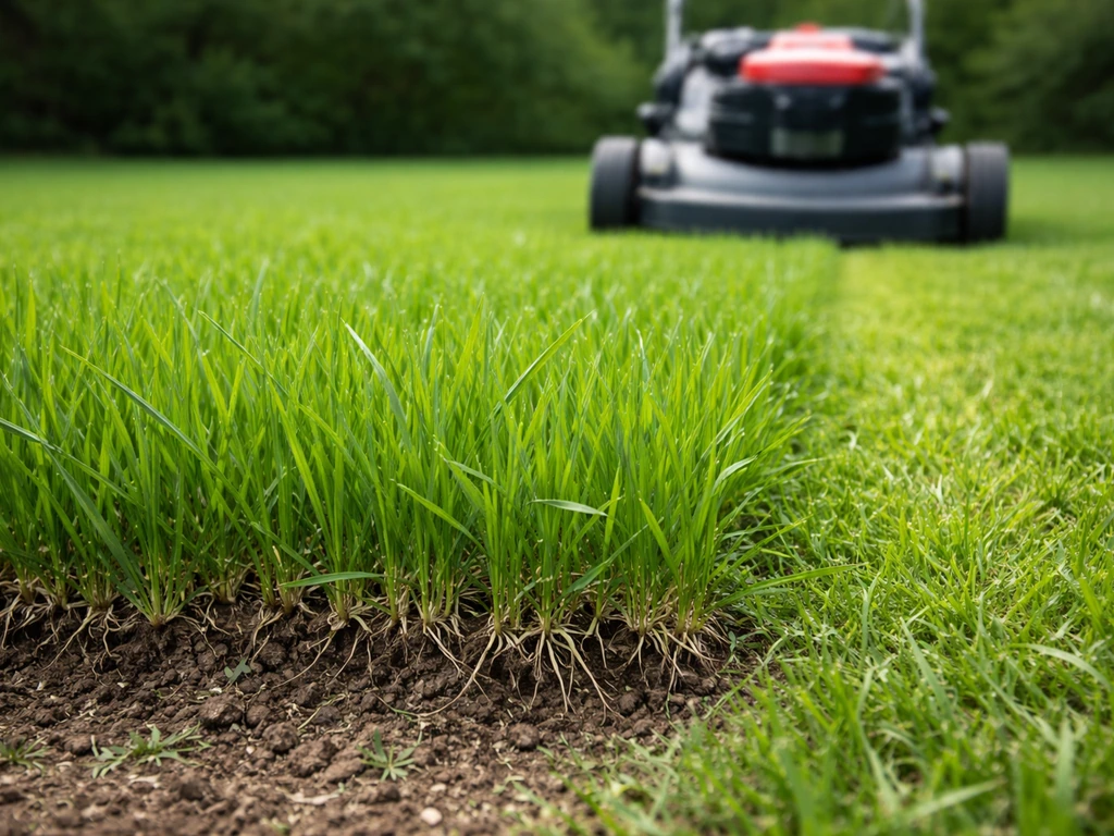 Maaier maait jong gras (8–10 cm) en vastgewortelde grassprieten zichtbaar in de zode.