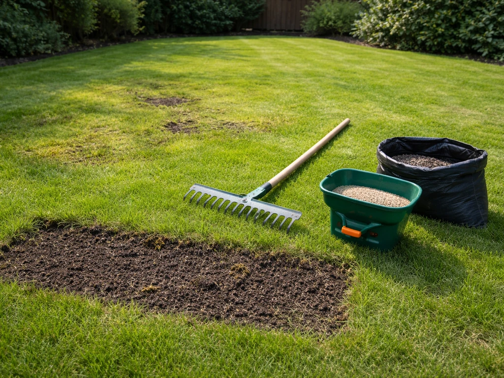Nederlands gazon met zichtbare mosplekken, voorbereide grond en gereedschap voor gras zaaien op mos.