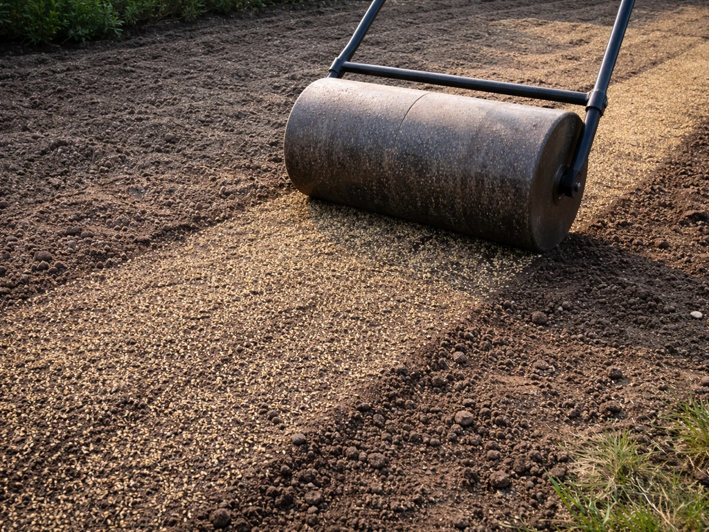 Net ingezaaid gras dat met een gazonwals wordt aangedrukt in een rustige tuin, zaad en bodemcontact zichtbaar.