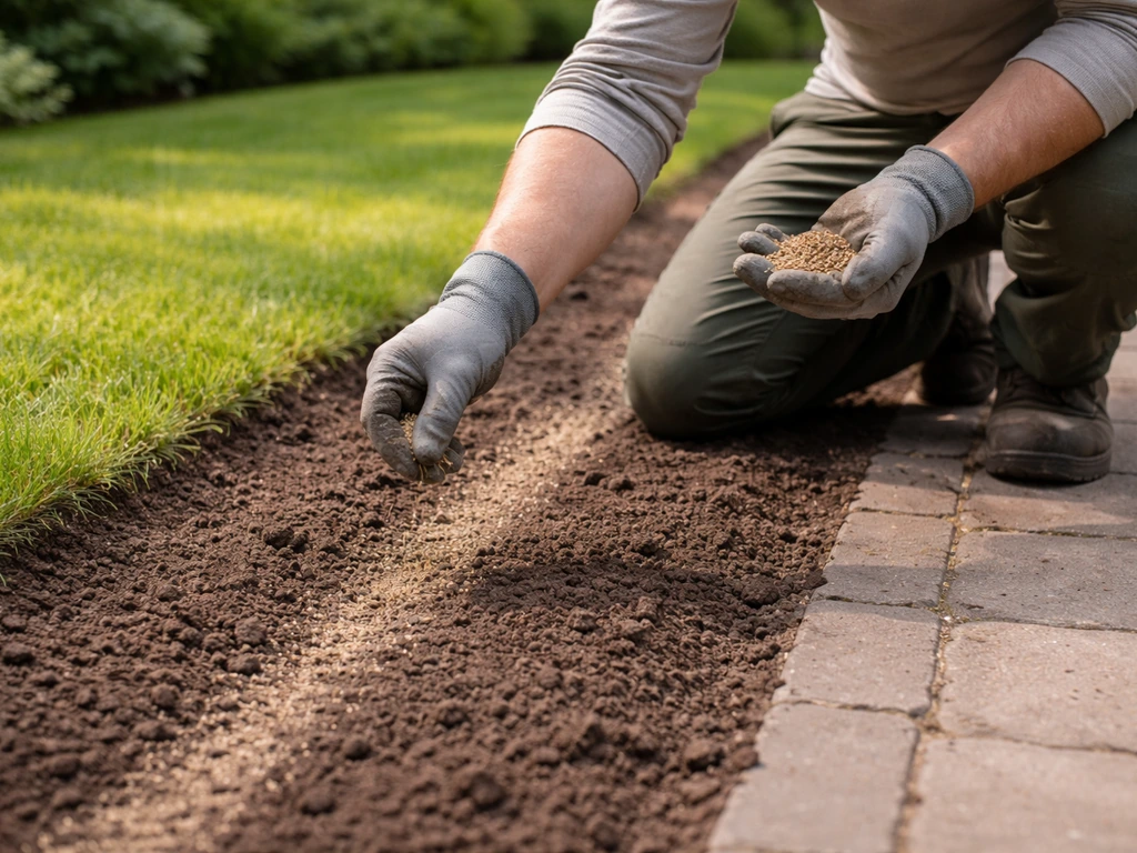 Tuinier zaait graszaad in een eenvoudige tuin, terwijl de bodem net klaarligt en niet door en door nat is.