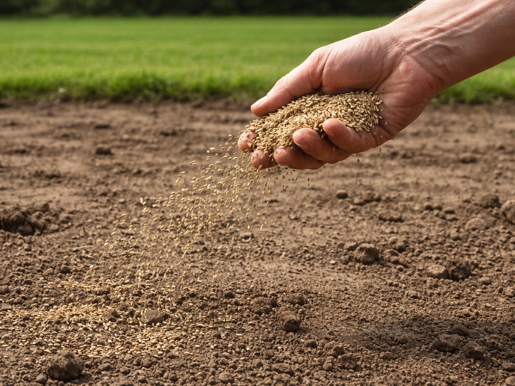 Hand die graszaad strooit op kale grond, met zaadkorrels net in de lucht voor duidelijke zaai-actie.