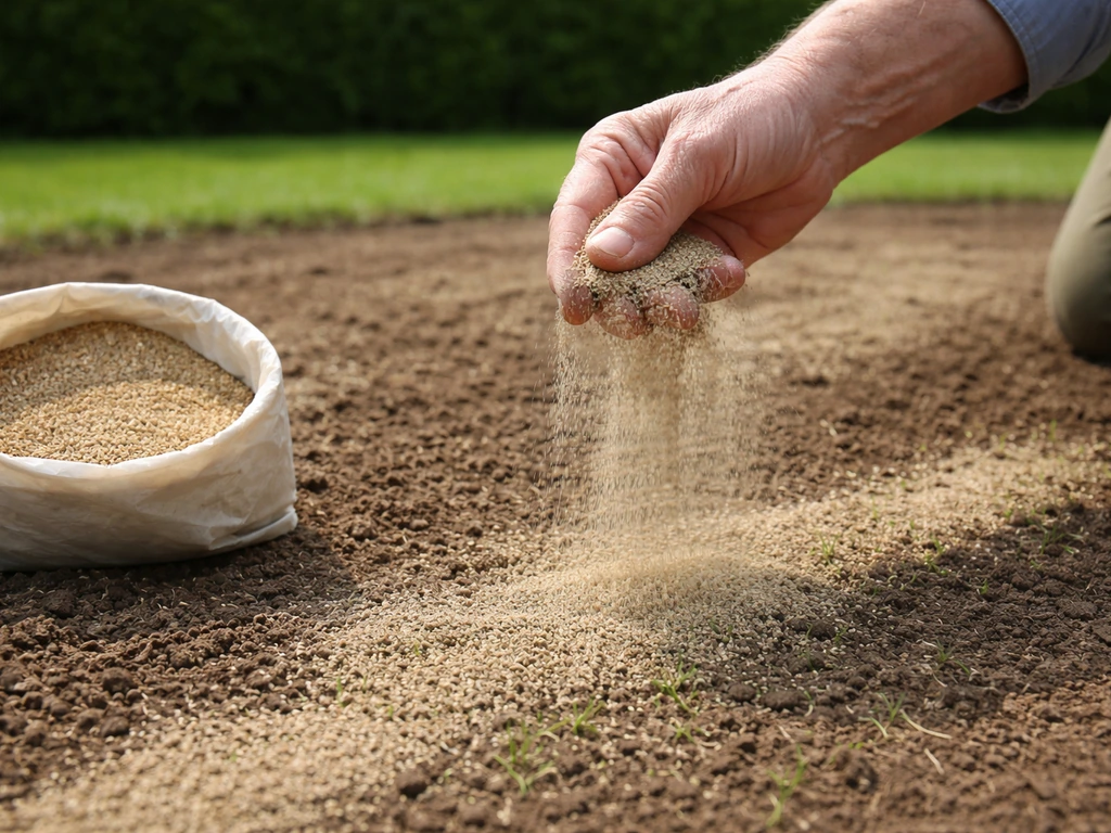 Handen die graszaad afdekken met een dunne zandlaag op een geharkte tuinbodem.