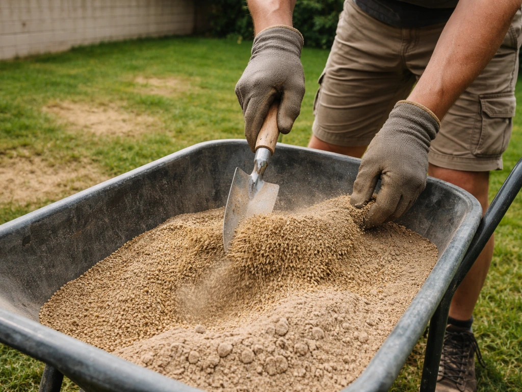 Handen mengen droog zand met graszaad in een emmer en klaar om het gericht uit te strooien op een kaal stuk gazon.