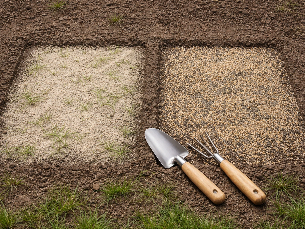 Twee naast elkaar liggende gazonvakjes in aarde: links zand erover, rechts zaad mengen met zand.