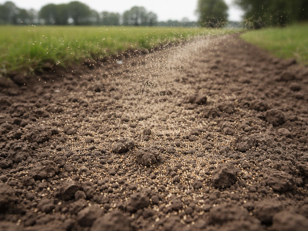 Boerentractor en losse grond in een weiland terwijl gras doorgezaaid wordt met zichtbare zaadstrooiing