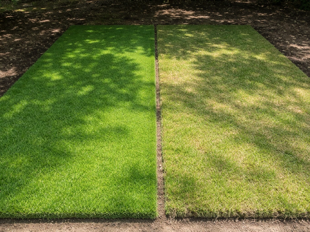 Links een schaduwgazonmengsel met fijn gras, rechts een standaard mengsel met duidelijk minder kleur in de schaduw.