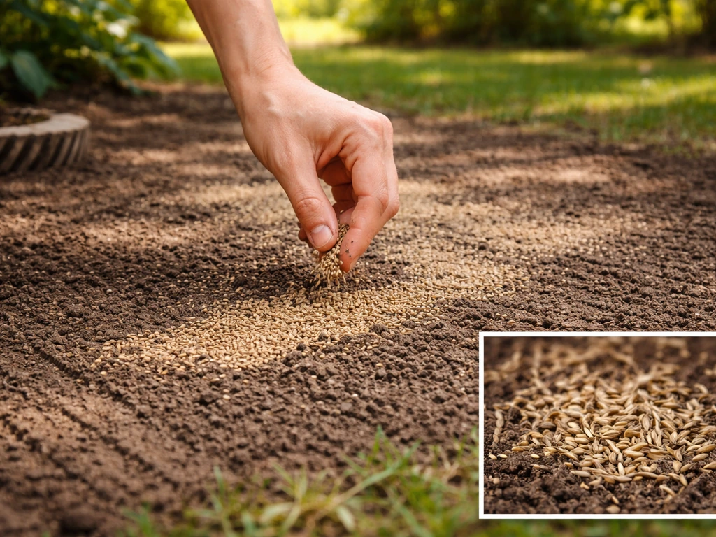 Hand die graszaad gelijkmatig over aarde strooit, met close-up van zaadkorrels in contact met grond.