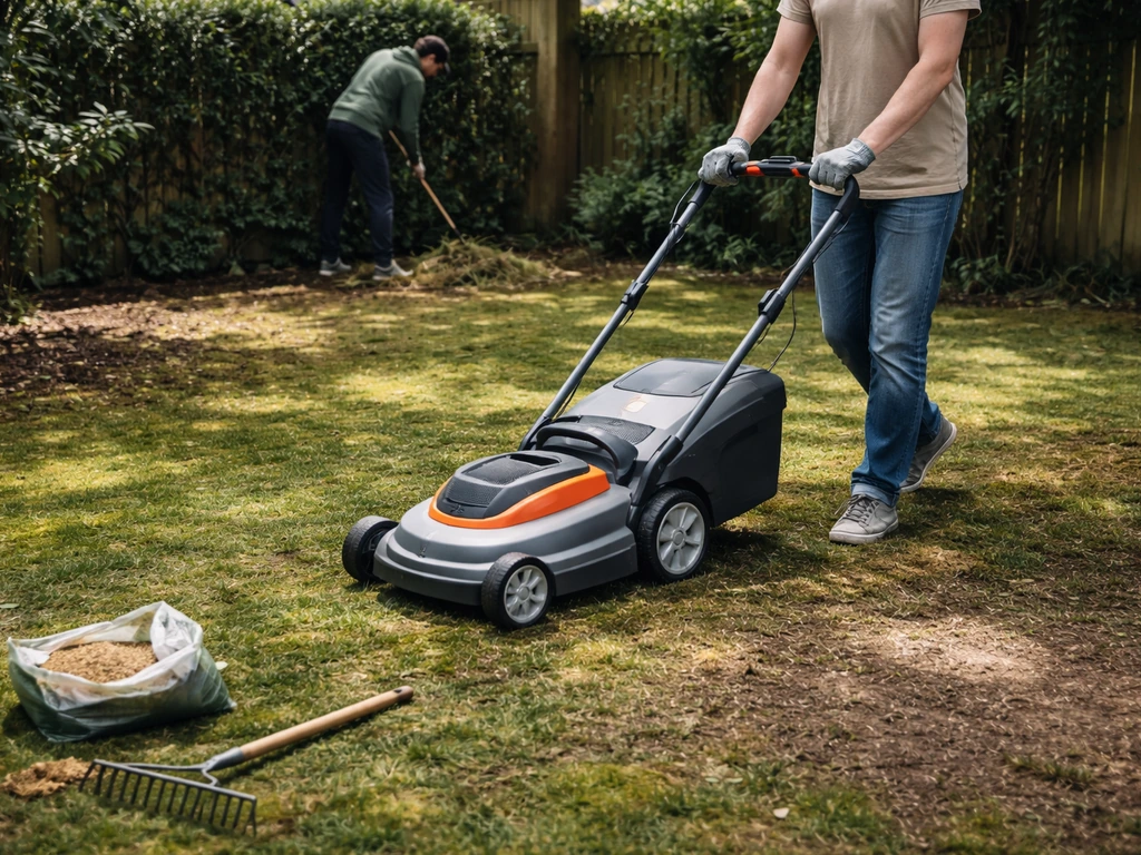 Schaduwgazon tijdens de eerste maaibeurt met hoge maaihoogte, plus graszaad en mos wegwerken op de achtergrond.