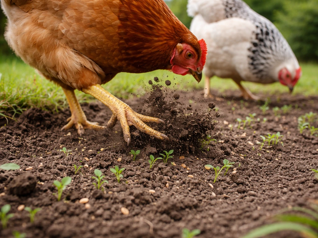 Kippen krabben met hun poten in losse aarde van een ingezaaide strook in de tuin, met kiemplantjes.