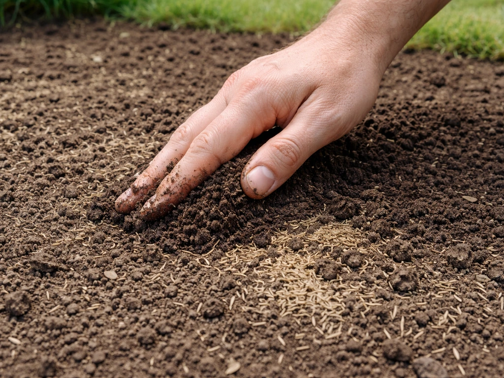 Hand werkt graszaad oppervlakkig in de toplaag en dekt het lichtjes af met een dun laagje aarde.