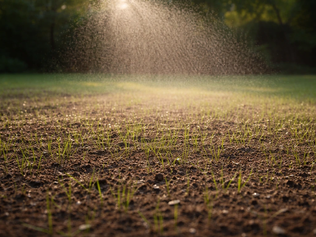 Fijne nevel over vers ingezaaid gras in de vroege ochtend, met rustige tuinbedekking als focus.