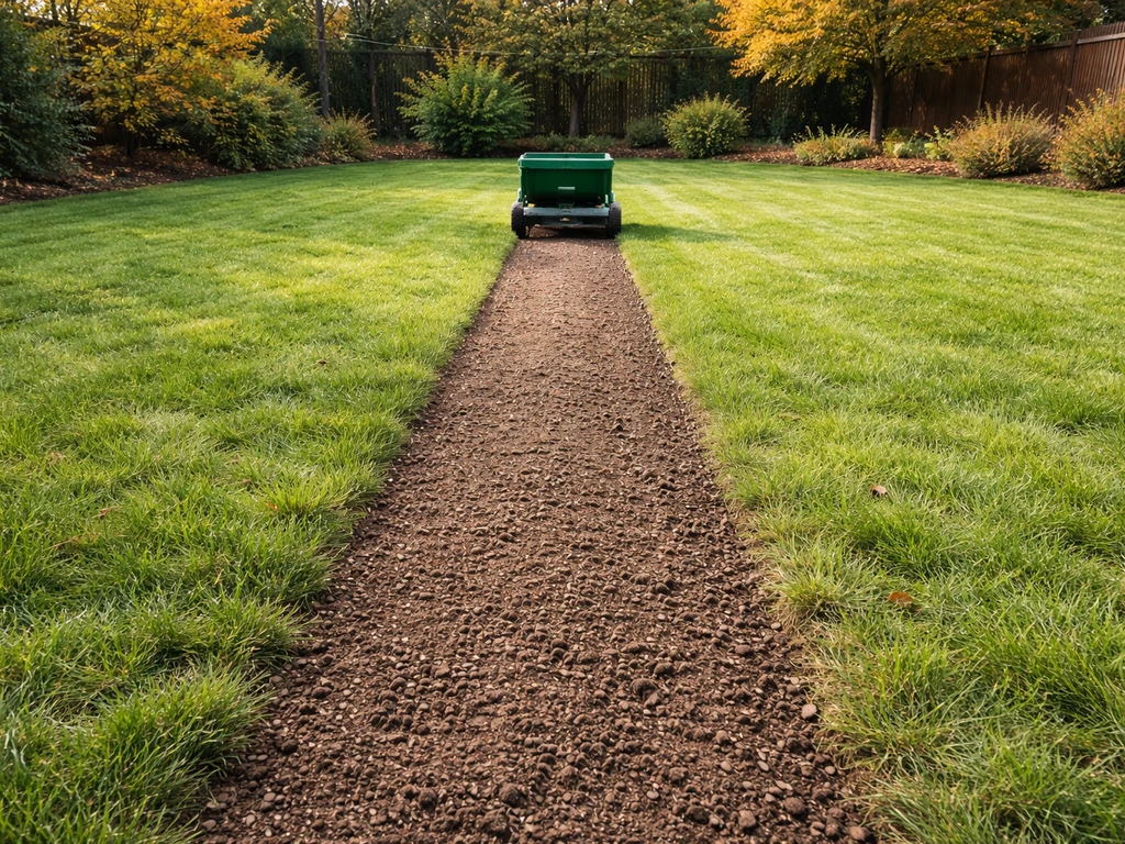Recht tuinshot in september: graszaad wordt ingezaaid met een zaaiwagen over een egaal gazon.