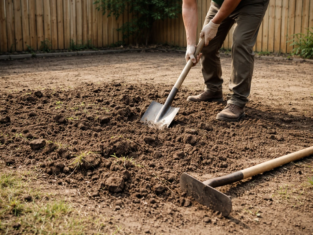 Tuinwerker die oude begroeiing verwijdert en de bodem loswerkt voor nieuw graszaad, simpele tuinomgeving.