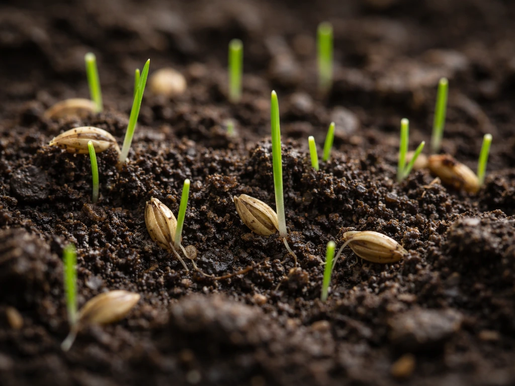 Close-up van kiemend graszaad: kleine sprietjes komen uit de grond met zichtbaar gespleten kiemen.