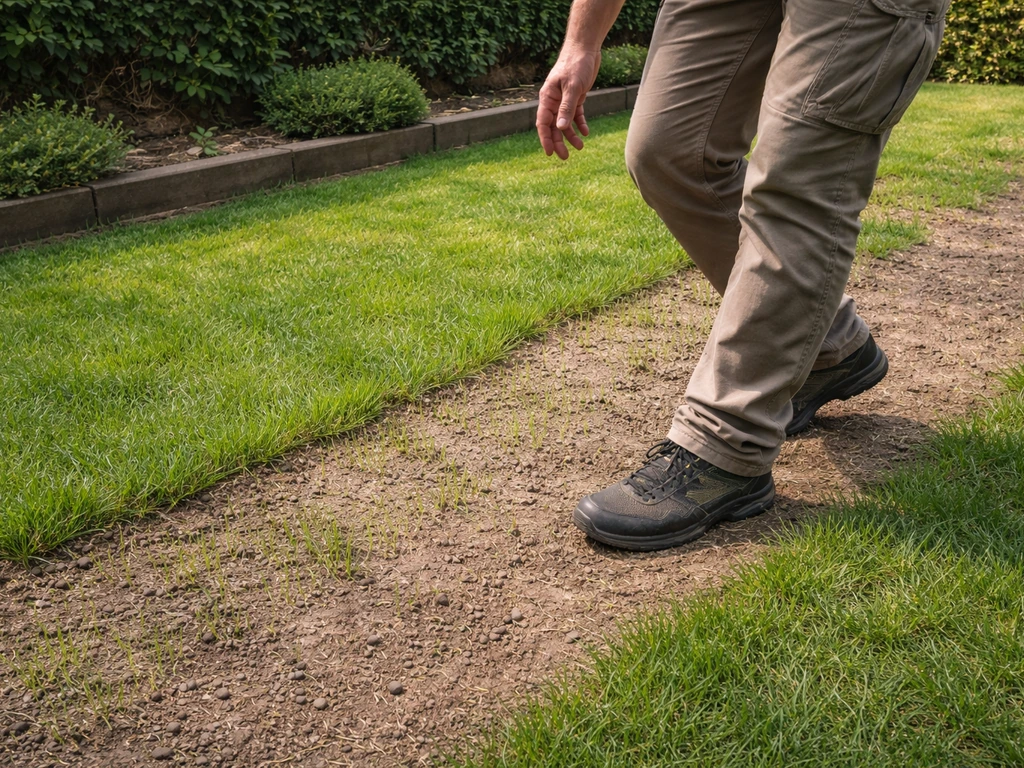 Tuinier loopt voorzichtig langs een jonge, kwetsbare grasmat in de tuin, met zichtbare aaneengesloten stroken