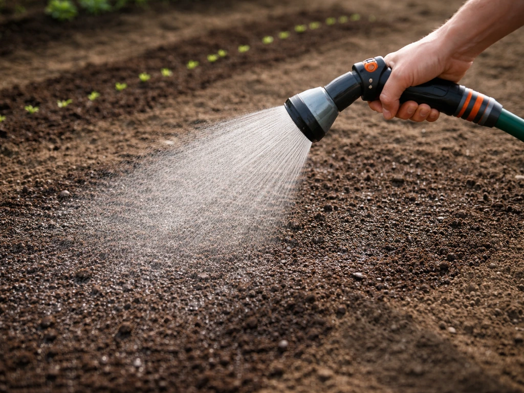 Hand met gieter of tuinslang met fijne sproeikop die gelijkmatig water geeft over gezaaid tuinperceel