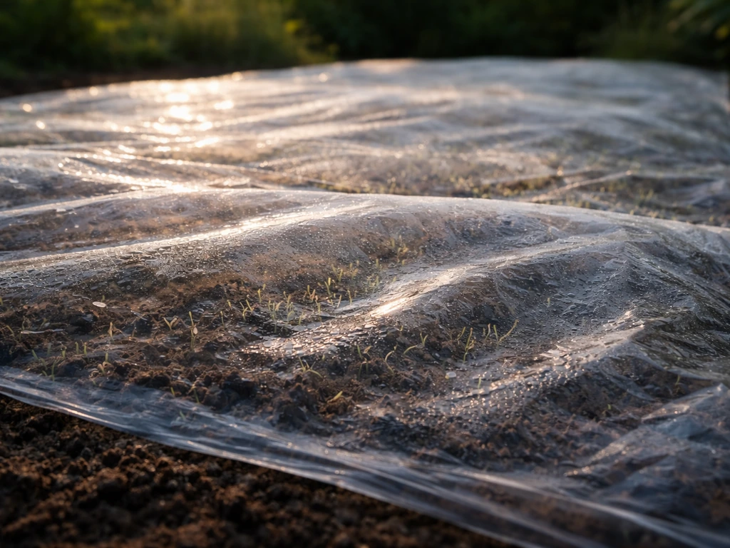 Transparante plastic folie over ingezaaid graszaad, met vochtige grond zichtbaar en zacht licht