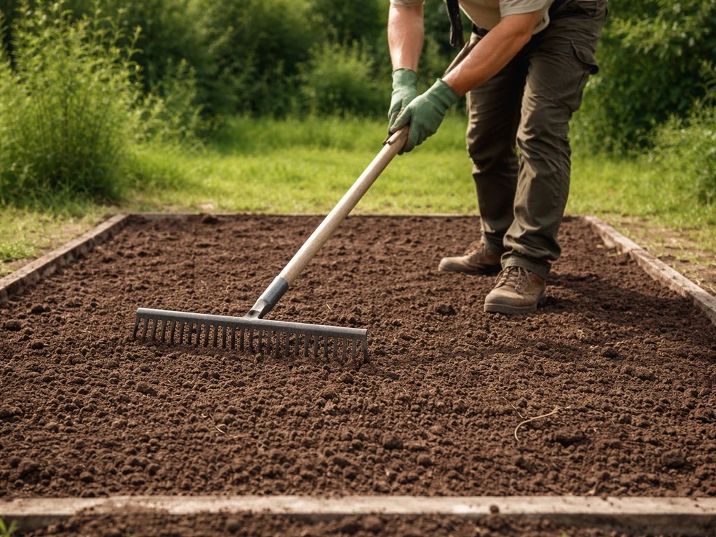 Landbouwer freest en harkt een schoon, vlak zaaibed in een moestuinbed met losse grond