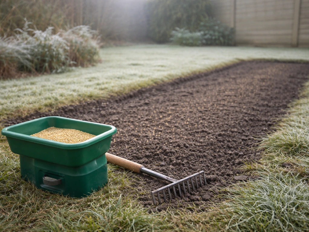 Net ingezaaide grasstrook in een Nederlandse tuin met gereedschap en lichte rijp bij dreigende vorst.