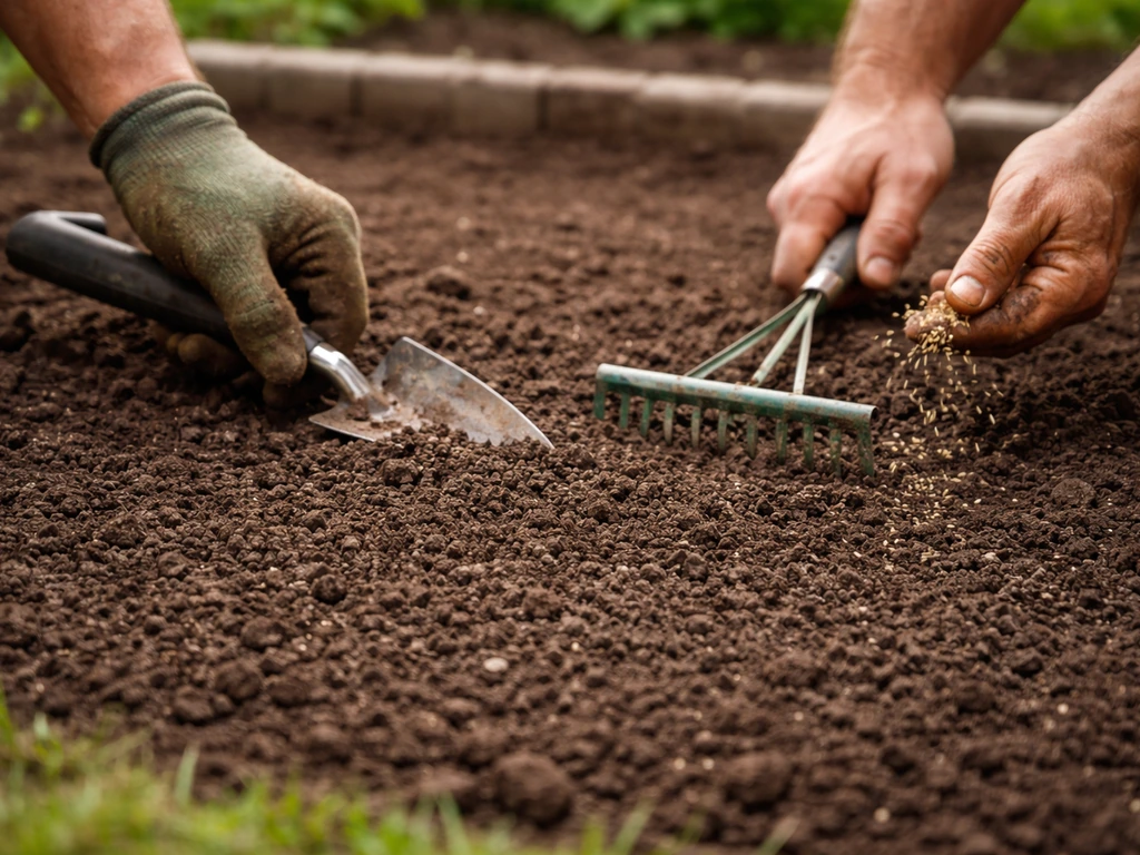 Handen maken de bovenste grondlaag fijnkruimelig voor het zaaien van graszaad.