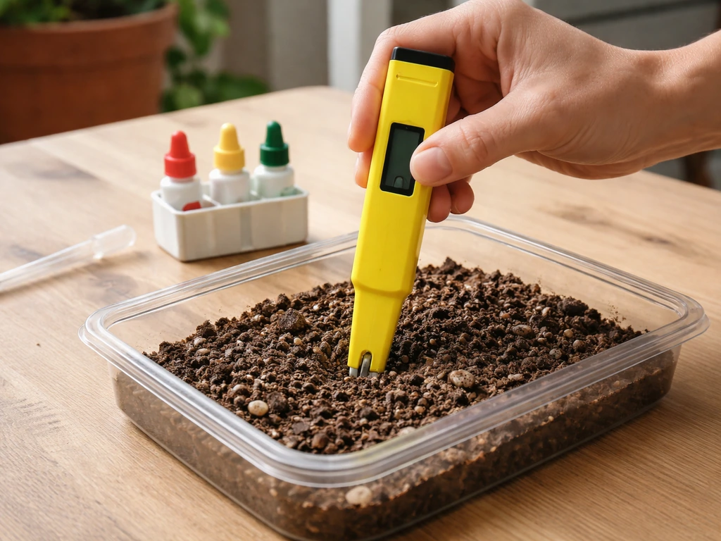 Close-up van een pH-meter die in tuingrond wordt gestoken, met testset op tafel ernaast.