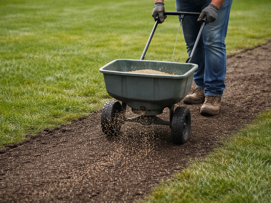 Persoon zaait met een strooiwagen graszaad op een net klaargemaakt gazon, in koel/wisselvallig weer