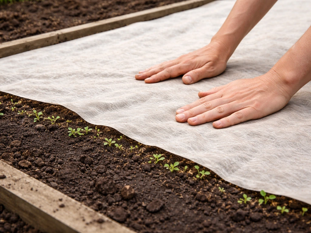 Handen die lichte mulch/zaaidoek op een net ingezaaid tuinbed aanbrengen, gelijkmatige afdekking zichtbaar.