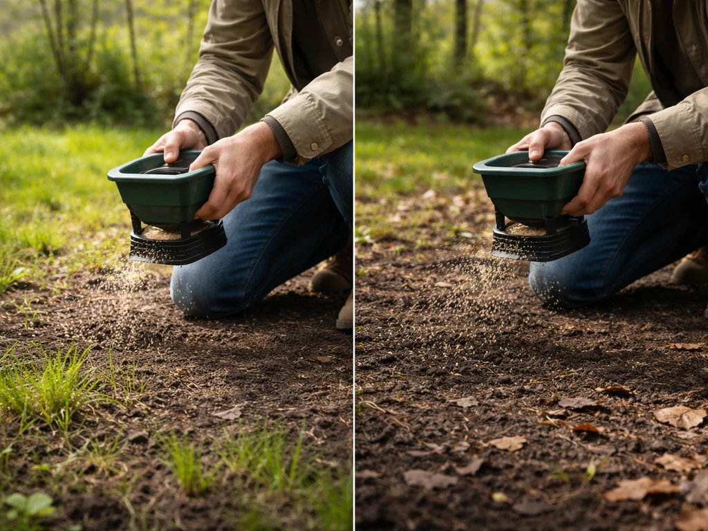 Anonieme tuinier strooit graszaad uit op bosgrond met subtiele voorjaar- en najaarsseizoensverschillen.