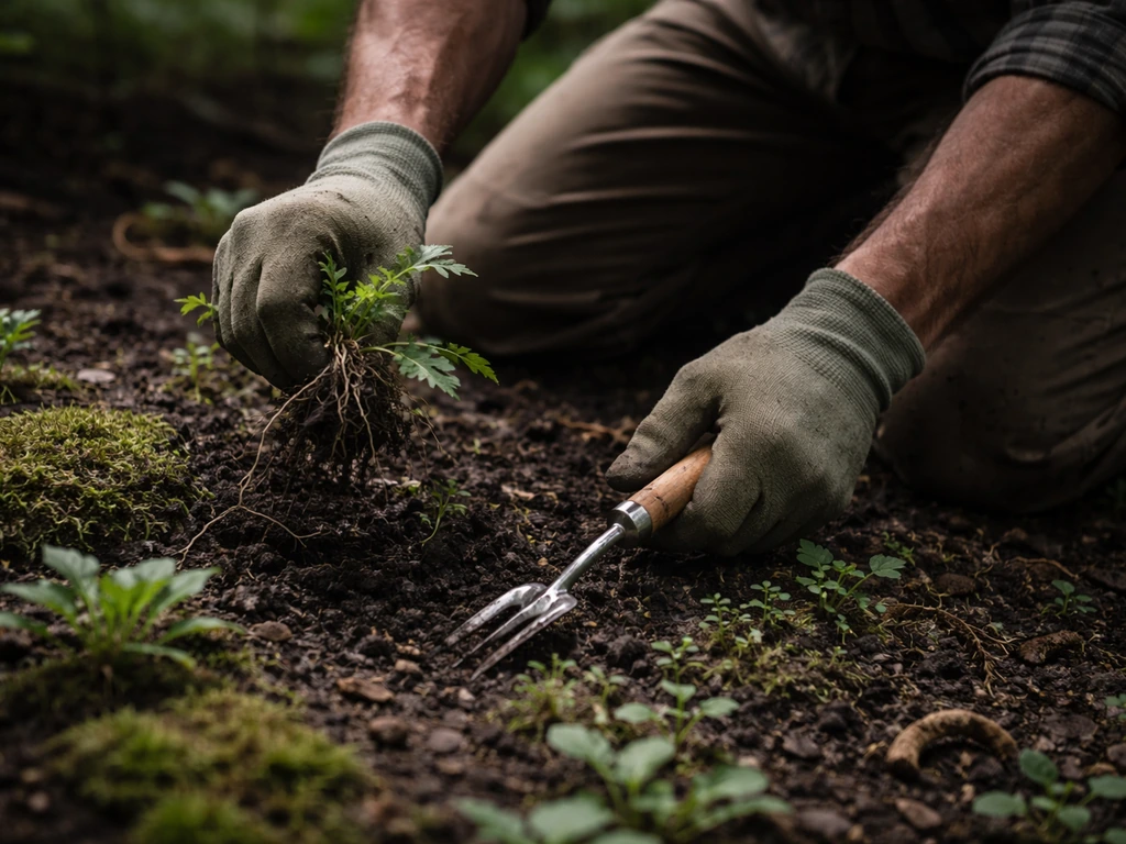 Tuinier in een schaduwrijke bosrand die onkruid uit de grond trekt met een onkruidsteker