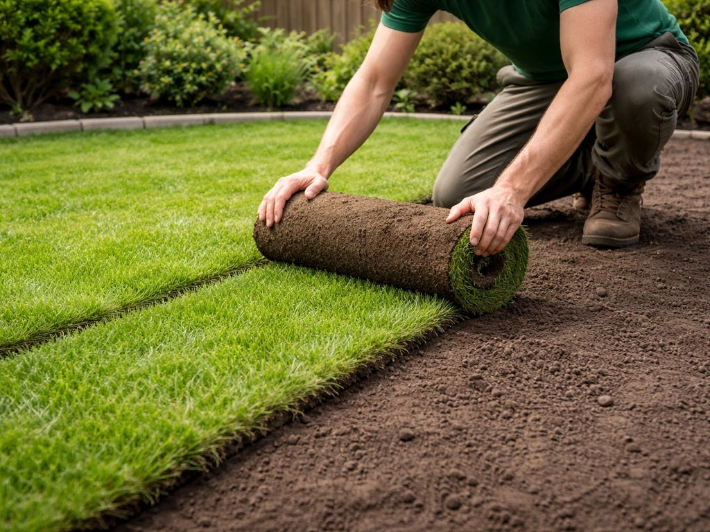 Twee graszoden worden uitgerold op voorbereide grond in een Nederlandse tuin, met vochtige ondergrond.
