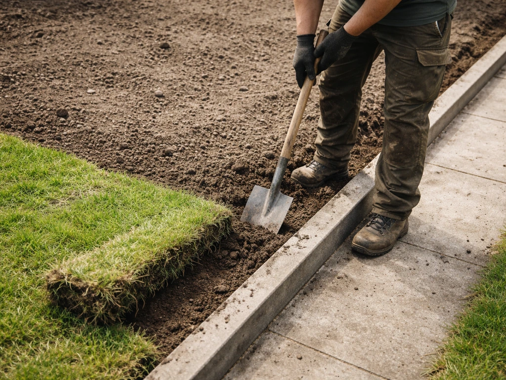 Tuinman steekt oude graszoden los langs een rechte rand naast een tuinpad, met zicht op kale grond.
